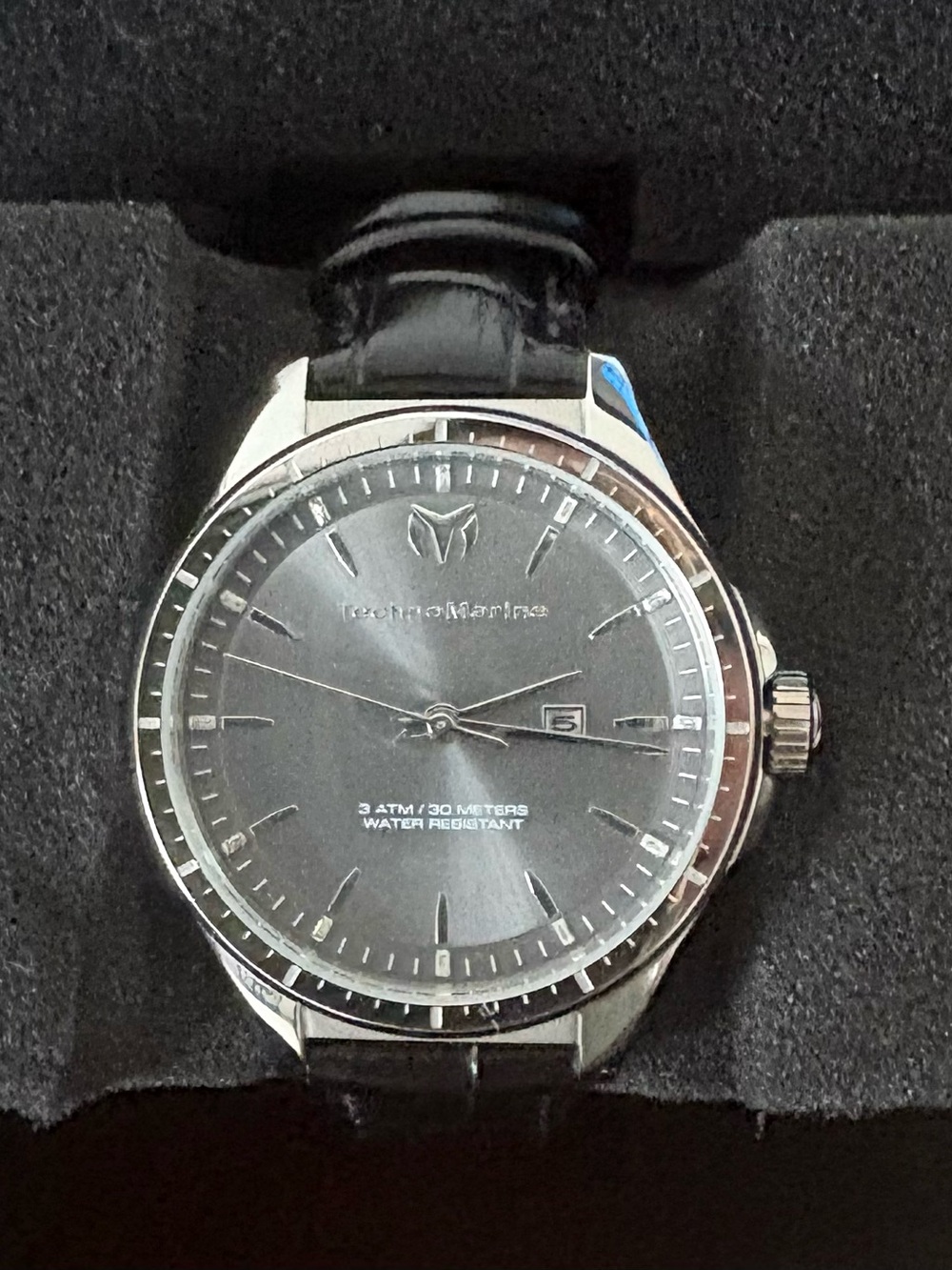 Technomarine Silver Case Black Dial Watch with Black Leather Strap